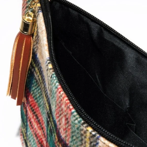 Plaid Vegan Leather Zipper Tassel Shoulder Crossbody Bag - Picture 2 of 6